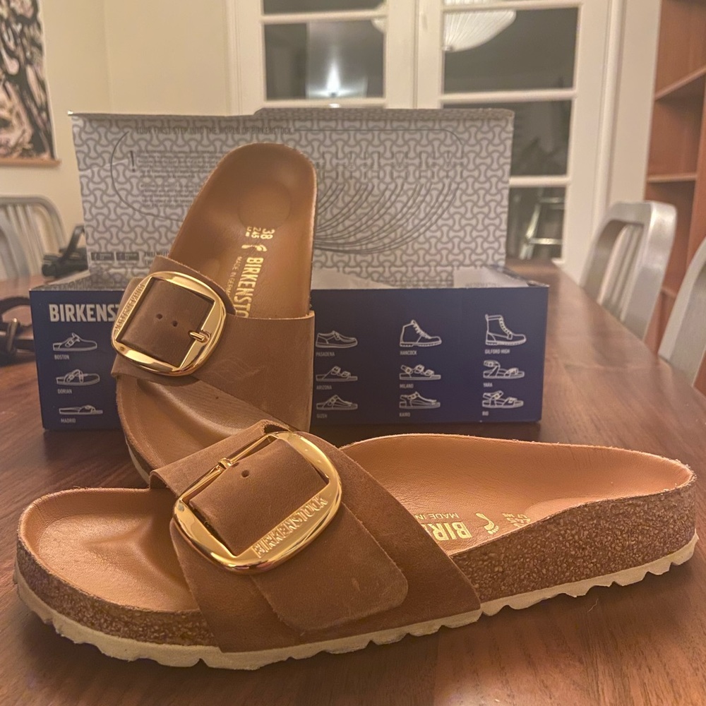 Birkenstock Madrid Big Buckle Sandals. Cognac+Gold